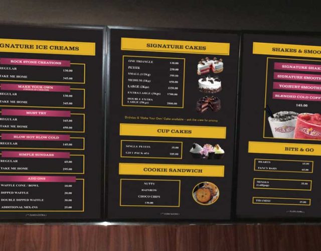 Rock Stone ice cream store branding design, menu card design, Rcok Stone hyderabad