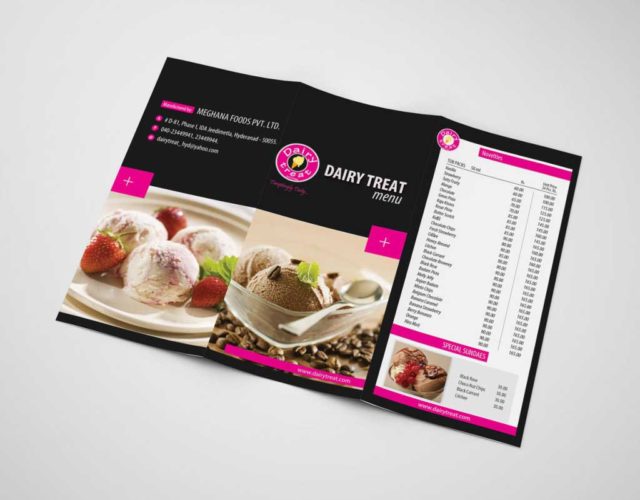 ice cream factory branding, ice cream store menu, dairy treat menu card front