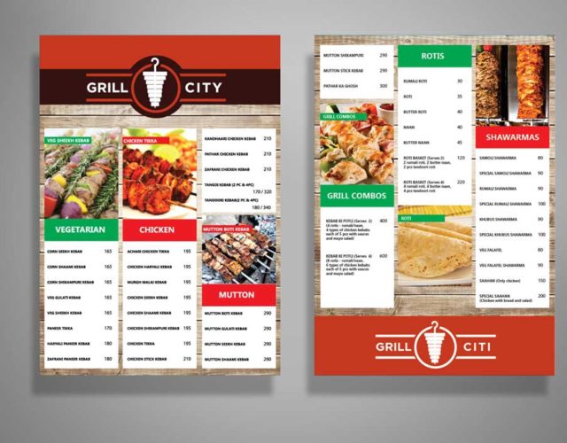 creative menu design, grill city menu card design, arabian food menu design