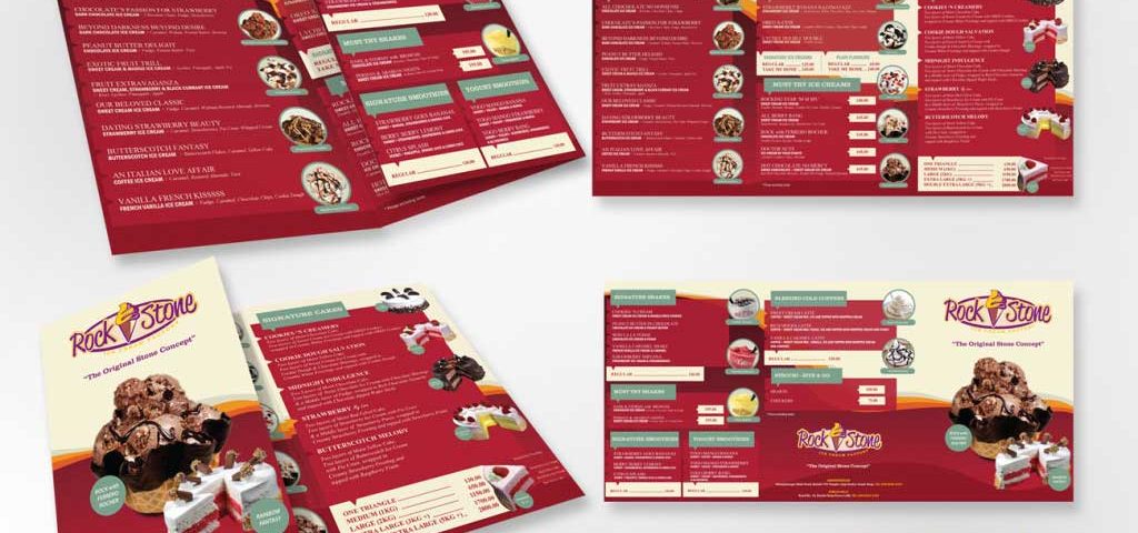 rockstone menu card design, ice cream cake box design, menu card design hyderabad