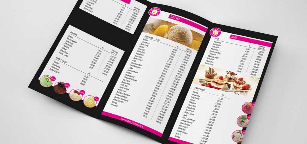 two fold menu design, menu design dairy treat, ice cream store branding