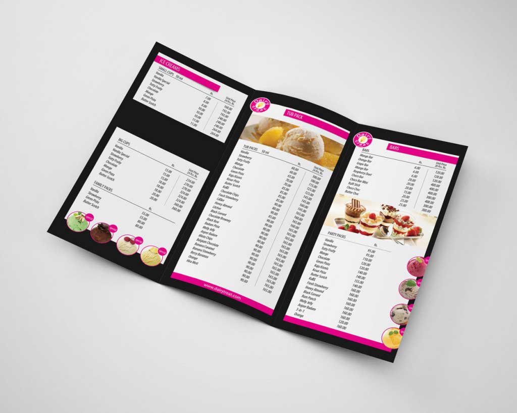 two fold menu design, menu design dairy treat, ice cream store branding